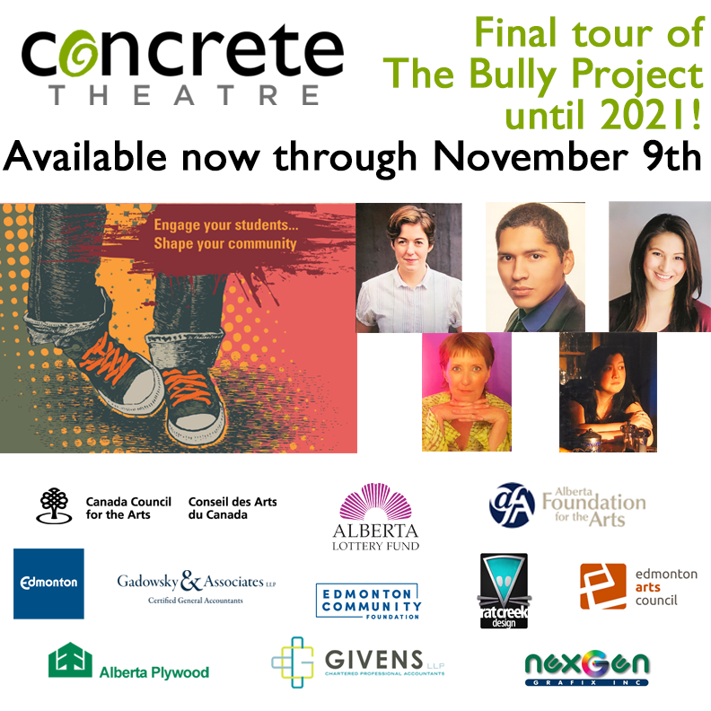 ConcreteYEG's tweet image. CONTEST TIME! Like &amp;amp; share this image to help us spread some love to our sponsors &amp;amp; funders for a chance to win a 1/2 price show for the school of your choice within a 60 min drive of YEG! Last chance for #TheBullyProject for a few years! Contest ends Fri Oct 26th at noon.