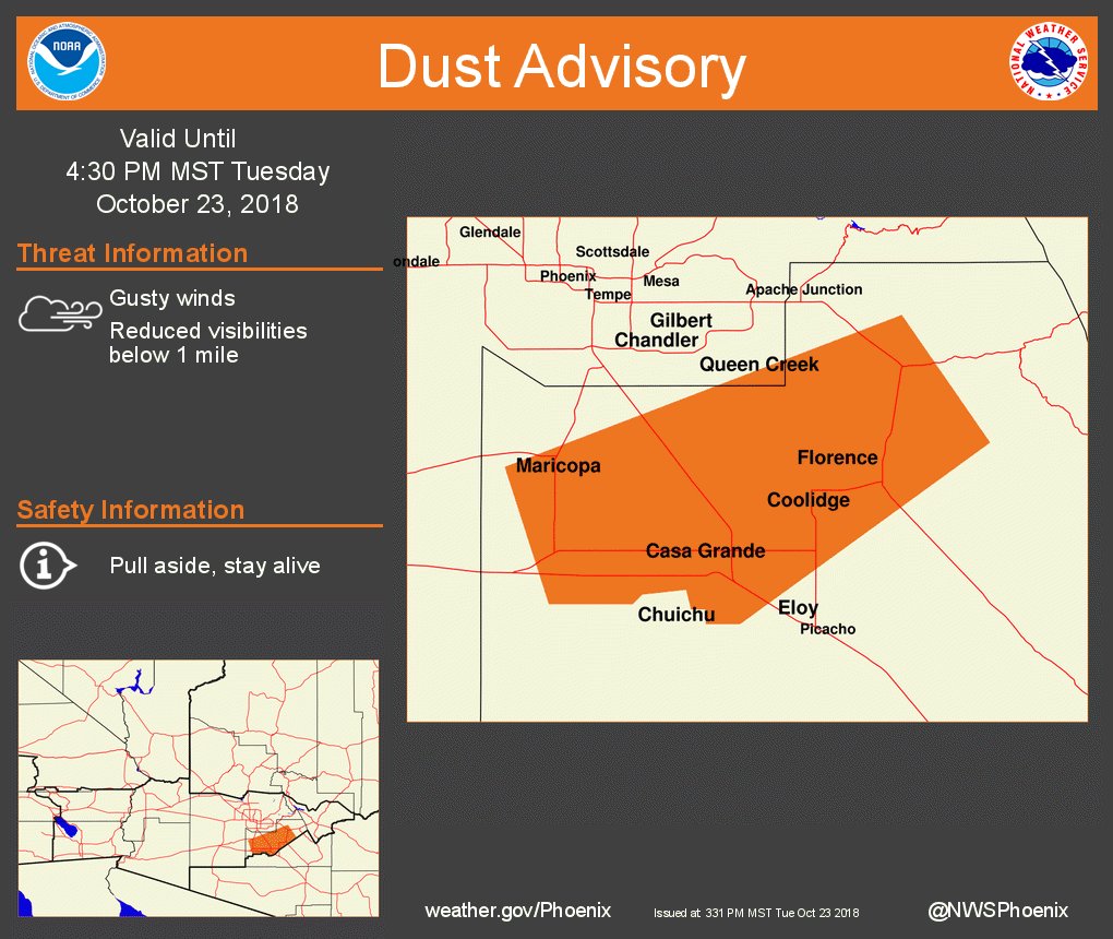 NWSPhoenix's tweet photo. The National Weather Service in Phoenix Has Issued A Dust Advisory until 4:30 PM MST. https://t.co/SvwXzss07b #azwx #cawx https://t.co/GtOcHouOHY