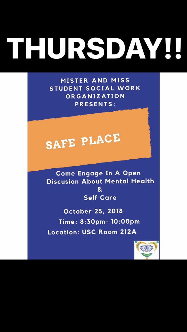 MSUrbanStrong's tweet photo. Come out for a chance to get out everything you've been holding in! Join Mister and Miss Student Social Work Organization as we discuss the importance of self care Oct. 25 @ 8:30 pm in USC 212A https://t.co/KN1CDFNJ3s