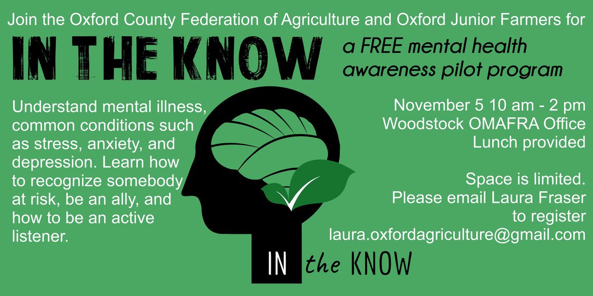 Interested in knowing more about #mentalhealth in ag and how to recognize and help your peers that may be suffering? Join us for an #InTheKnow program Nov. 5th. FREE but pre-registration required, space is limited.