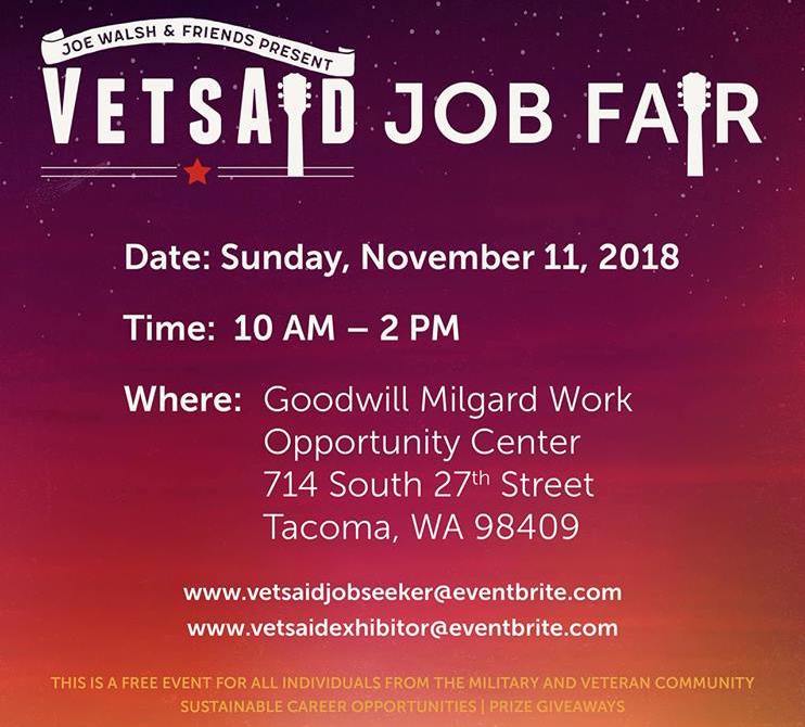 JoeWalsh's tweet image. I’m proud to announce the first VetsAid Job Fair in partnership with @OpGoodJobs before the big show in Tacoma this November 11th! vetsaid.org/jobsfair-2018/