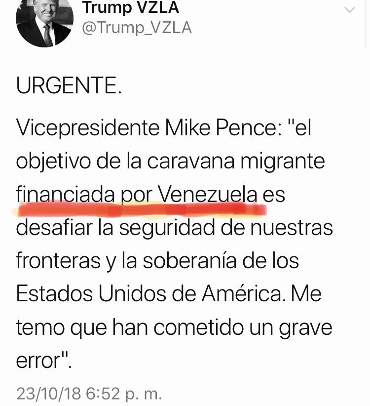 VillegasPoljak's tweet photo. -#Venezuela está en bancarrota (Presidente Trump, 25/09/2018)
-Venezuela financia la #CaravanaMigrante (Vicepresidente Pence, 23/10/2018).
¿Milagrosa recuperación económica en menos de un mes?
¿O se rodó una teja en la Casa Blanca? https://t.co/UXloAa2K4b