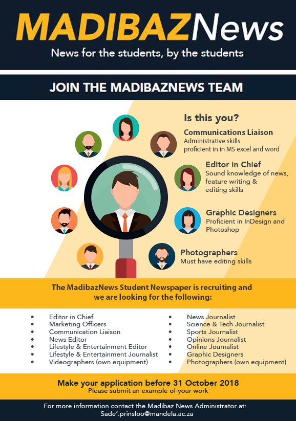 The MadibazNews Student Newspaper is still recruiting! Deadline is October 30th. Visit madibaznews.mandela.ac.za for the application package.

#madibaznews