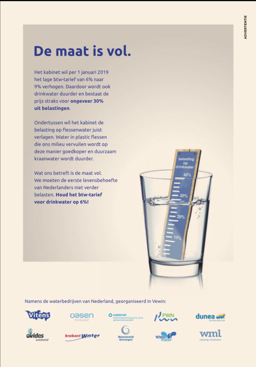 De maat is vol. Schoon duurzaam drinkwater gaat van 6 naar 9% btw en flessenwater wordt goedkoper. Dat kan echt niet! Volle support <a href="/MVO_NL/">MVO Nederland</a> voor oproep waterbedrijven <a href="/Vitens/">Vitens</a> <a href="/Oasendrinkwater/">Oasen Drinkwater</a> <a href="/Waternet/">Waternet</a> @BrabantWater <a href="/EvidesWaterbedr/">Evides Waterbedrijf</a> <a href="/wmdwater/">WMD</a> <a href="/wmlwater/">WML</a> <a href="/PWNwaternatuur/">PWN</a> <a href="/FD_Nieuws/">FD Nieuws</a>