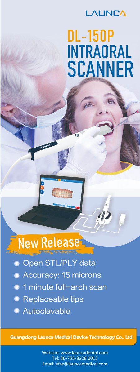 Launca_dental's tweet image. Launca DL-150P intraoral scanner in-mouth scanning with super wide scanning range. 1 minute full arch scan, 15 microns accuracy, replaceable tips, autoclave sterilization. #3ddentalscanner #intraoralscanner #launca #digitaldentistry #Odontología #implantdentistry #dentalimplant