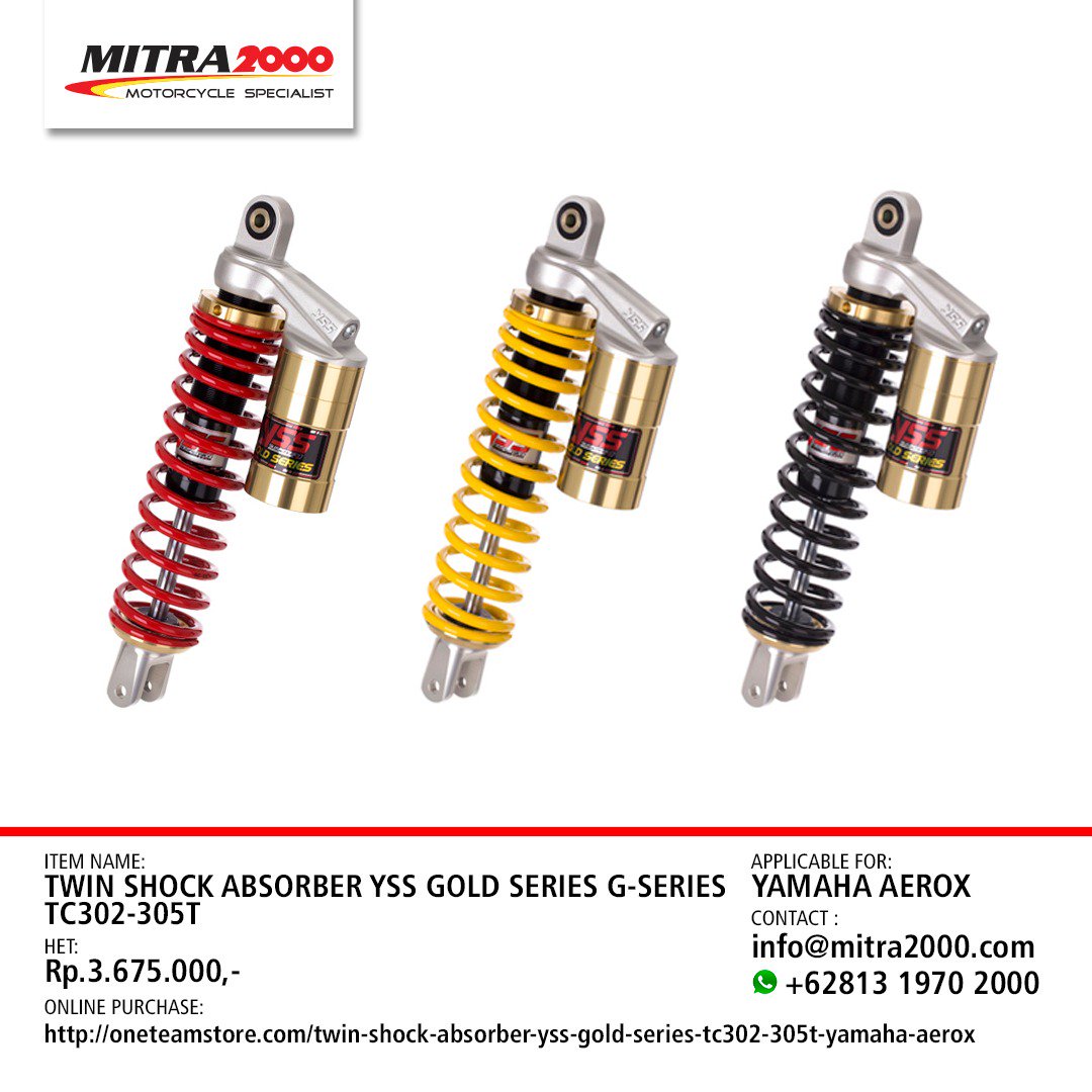 tdrmitra2000's tweet photo. Twin Shock Absorber #YSS #GOLD SERIES G-Series TC302-305T For Yamaha AEROX didesign spesial dengan warna Emas untuk tampilan lebih berkelas. - https://t.co/utkI6Qr2LC
.
#GoldSeries #Shock #Suspension #Handling #MITRA2000 #MotorcycleSpecialist https://t.co/VEptqc6H6N