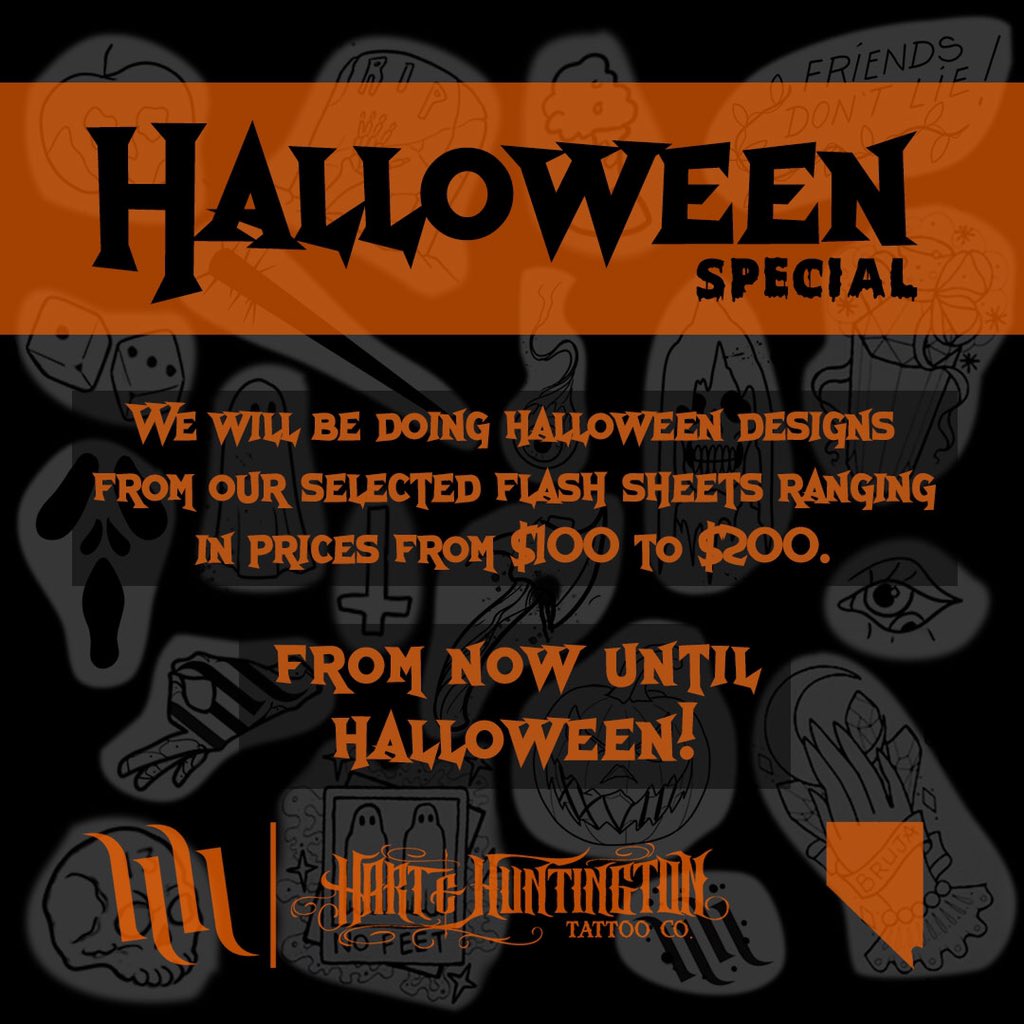 HHTattooLV's tweet photo. Come on down to @HardRockHotelLV and get you spooky flash tattoo collectively pre-designed by all our artist! #HHtattoo https://t.co/ujJy04mhaw