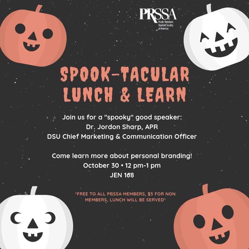 prssa_dsu's tweet photo. We are SO excited to invite you to our first Lunch and Learn of the semester! We will have Dr. Jordon Sharp from our very own UMAC. He will be teaching us his “tricks and treats” to personal branding. 🎃 https://t.co/hblSF6NlfG