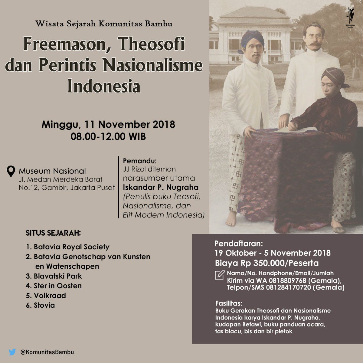 yg doyan sejarah en ingin mendapatkan informasi sejarah terkait Freemason, Theosofi en gimana perkaitannya dgn gerakan politik bisa ikut #wisatasejarahkobam <a href="/KomunitasBambu/">Komunitas Bambu</a> ini, bakal dipandun langsung sama sejarawan <a href="/iskandarpn/">Iskandar nugraha</a> yg nulis buku tema itu