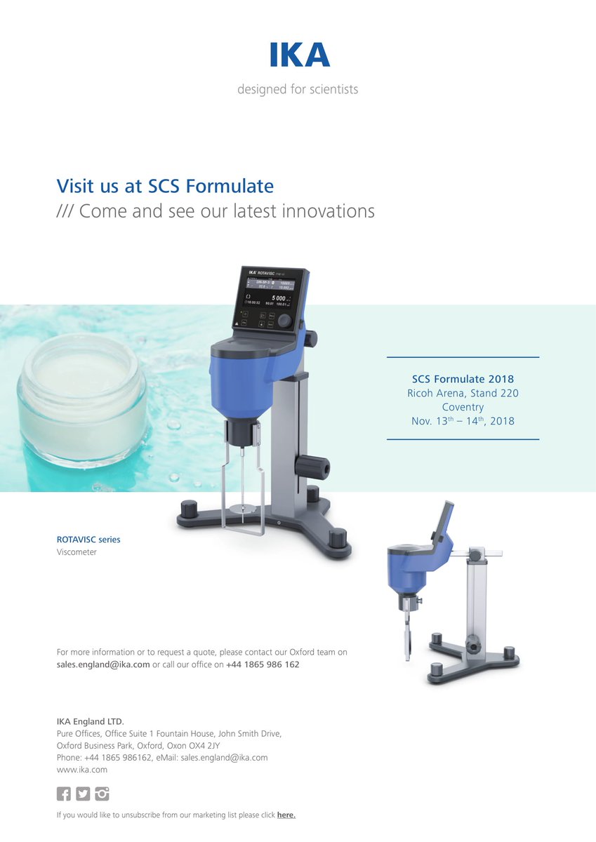 ChemistryChrisA's tweet photo. @IKAworldwide and RW1 will be exhibiting on November 13th -14th 2018 at @SCSFormulate 
https://t.co/aVUUyDTLRj 

#chooseika #cosmetics #emulsions #formulation  #SCSFormulate  #personalcare  #overheadstirrers  #viscometer #dispersers #easyclean #laboratoryreactors #RW1 #VR https://t.co/RR5Od35W9h