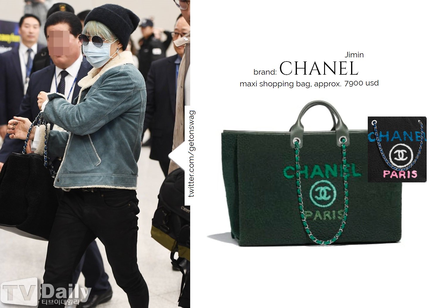 Beyond The Style ✼ Alex ✼ on X: JIMIN #JIMIN 181024 airport #BTS #지민  #방탄소년단 CHANEL maxi shopping bag in black/ pink/ blue, approx 7900 usd   / X