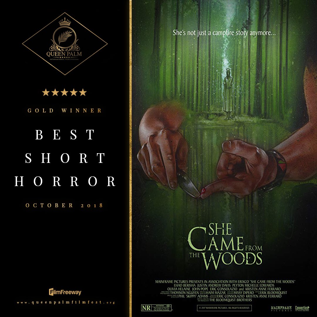 queenpalmfest's tweet photo. Congratulations are in order!!

October edition’s #GoldWinner #BestShortHorror goes to #SheCameFromTheWoods
by #ErikBloomquist &amp; #CarsonBloomquist

🌟Starring: #PeytonMichelleEdwards #JustinAndrewDavis #OliviaHelaine #JohnPope #EhadBerisha

 #IndieFilm #ShortFilm #Horror #QPIFF https://t.co/aHq7ewMmZb