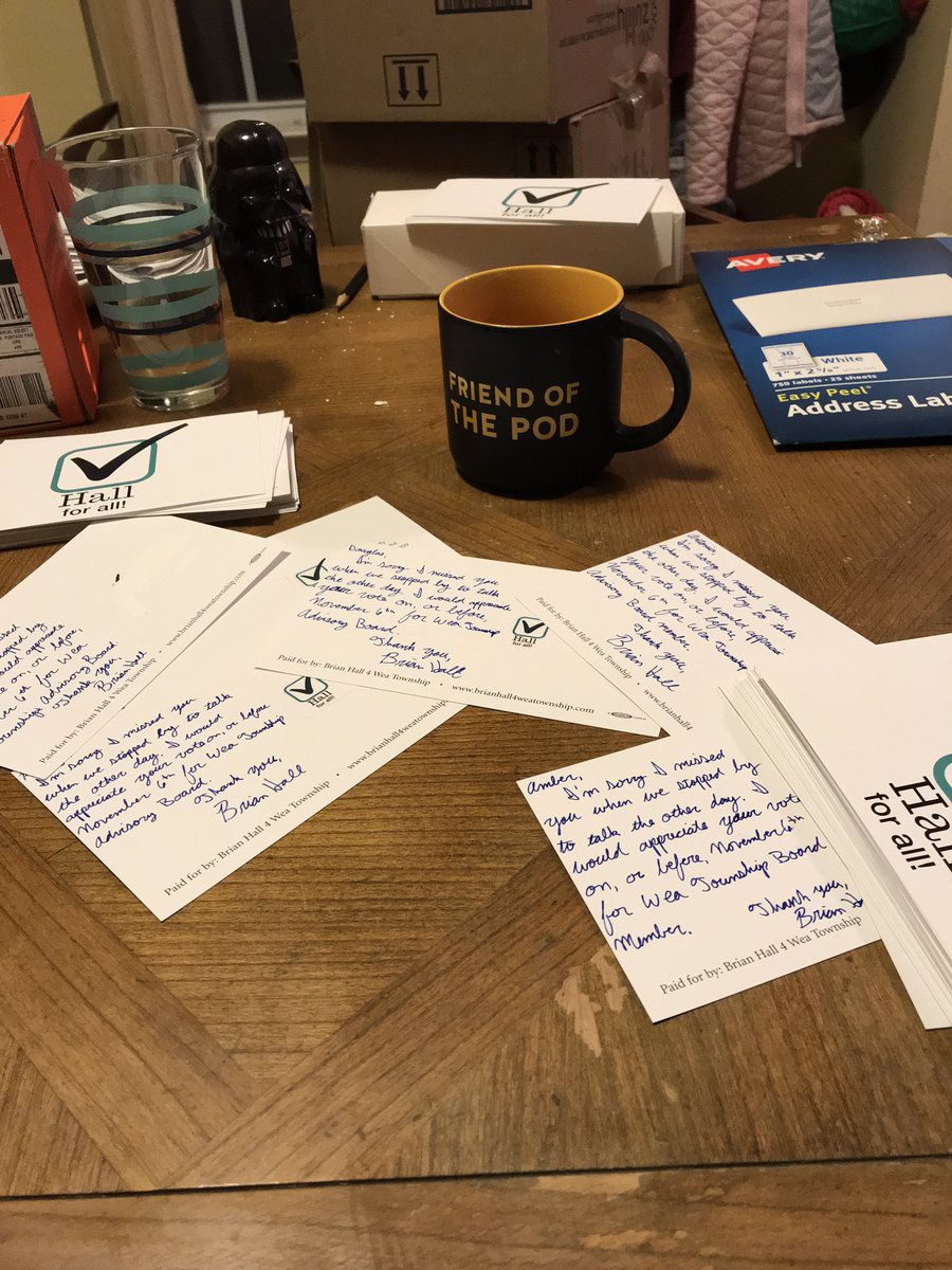 BrianHall217's tweet photo. Writing postcards tonight to doors I stopped at while canvassing that weren’t home. 13 days until the election. #BrianHall4WeaTownship #HallForAll https://t.co/ZbbZHtpCo3