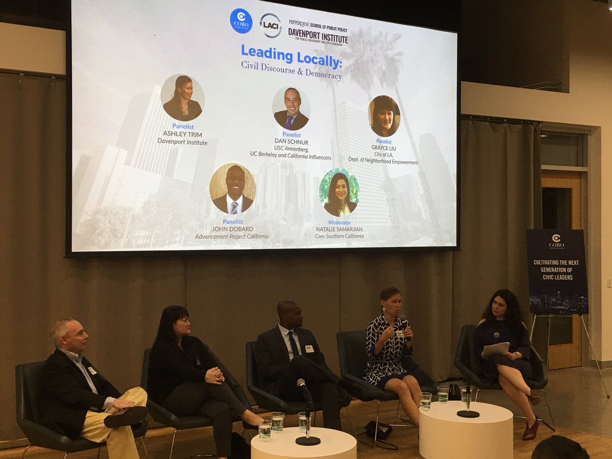 CarsonJFBruno's tweet photo. Kicking off @CoroSoCal & @PepPublicPolicy’s @DavenportInst’s #LeadingLocally panel on #CivicDiscourse & #Democracy event at the LA Cleantech Incubator. #CreatingASpaceToDisagree #PublicLeadership https://t.co/FbnKQhG2n8