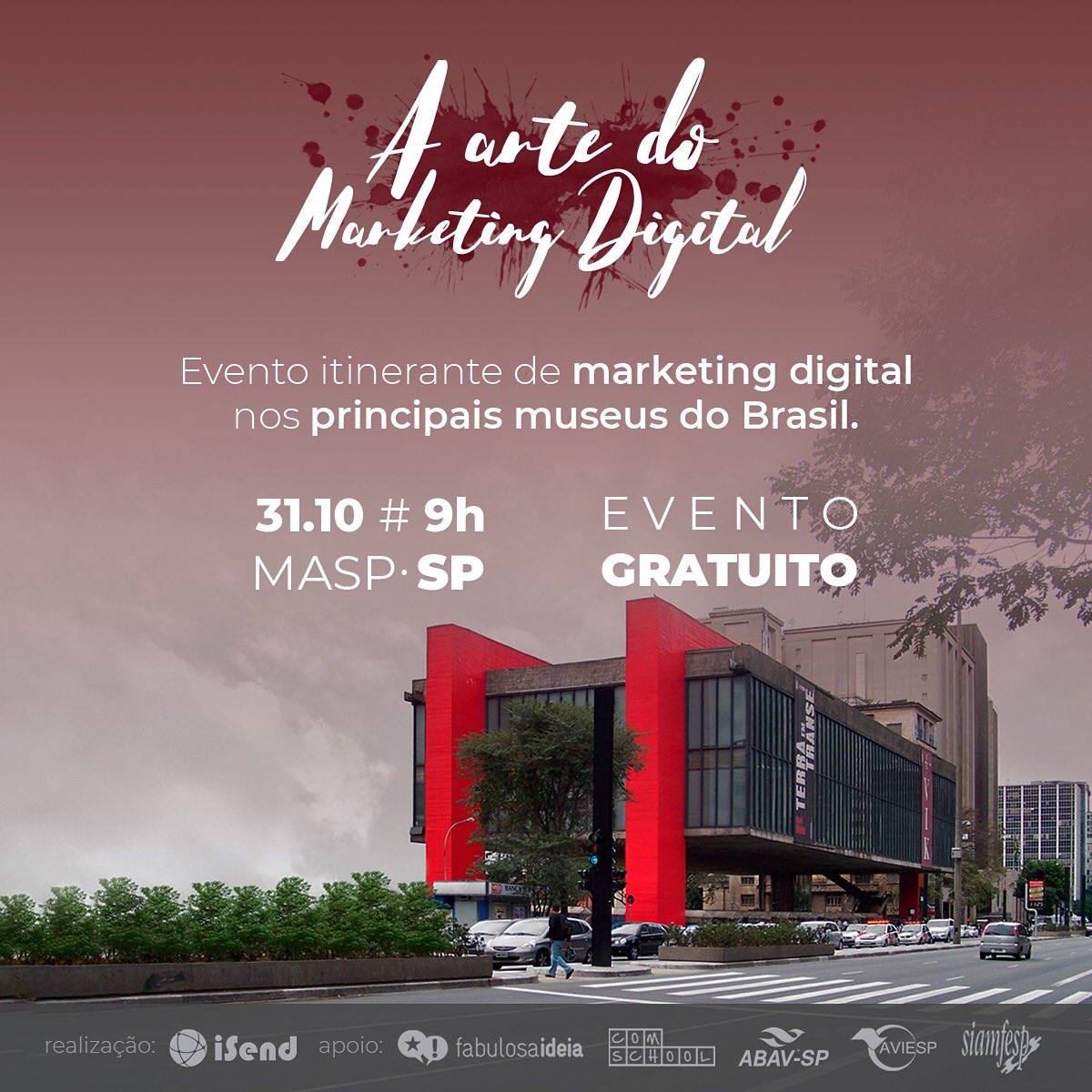 EVENTO GRATUITO EM SP: A Arte do Marketing Digital chega ao MASP no dia 31 de outubro, quarta, das 9h às 12h. Inscrições gratuitas em bit.ly/artedomktdigit…
Serão 4 palestras: 50 Vendas nas Mídias Sociais,  Mobile, E-commerce e Cases de boas práticas de Marketing Digital.
