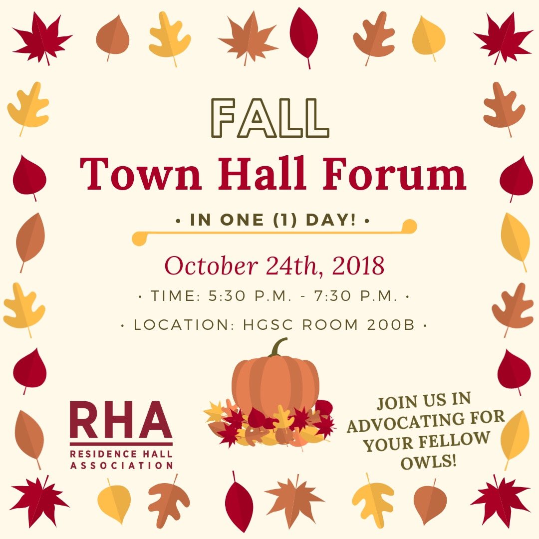 Our Fall Town Hall Forum is tomorrow! 
Stop in to advocate for yourself and your fellow owls by sharing feedback and concerns regarding residential life with a panel of professional staff (IT, maintenance, dining services (Aramark), etc.).
See you all there!😁