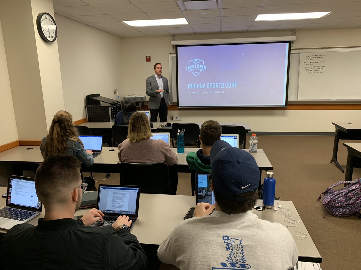 MSKaltenmark's tweet photo. We had @IndSportsCorp President @RyanVaughnIndy in the classroom last week for #ButlerSTR356. Talk about some great insight into Indy’s decades old and unmatched sports strategy. Great perspective on professional career paths and personal happiness too. https://t.co/PeSHklX3JU