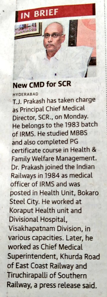 SCRailwayIndia's tweet photo. Dr. T.J Prakash,IRMS takes over charge as Principal Chief Medical Director, South Central Railway - News published in The Hindu @RailMinIndia  @PiyushGoyalOffc https://t.co/vIm2VXgRam