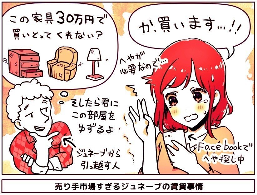 現地在住者に聞いた「売り手市場すぎる」スイスジュネーブの賃貸事情

①Facebookグループで部屋を探すことも多い(契約終了前に出て行く人が次の人を募集してる)

②売り手市場だからオープンハウス方式も普通。10-20組くる。中古家具を30万円で買いとってくれという交渉も

https://t.co/83mFMEGfhS 