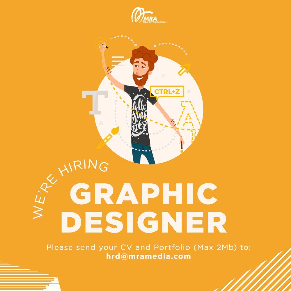 We Are Hiring
•Candidate must posses at least Bachelor degree ini art/Design/Multimedia or equivalent.
•At least 1 year experience of working experience in related field.
•Proficient use Adobe Ps, Ai, Ae, Pr.
•Please send your CV &amp; portfolio max 2Mb to hrd@mramedia.com