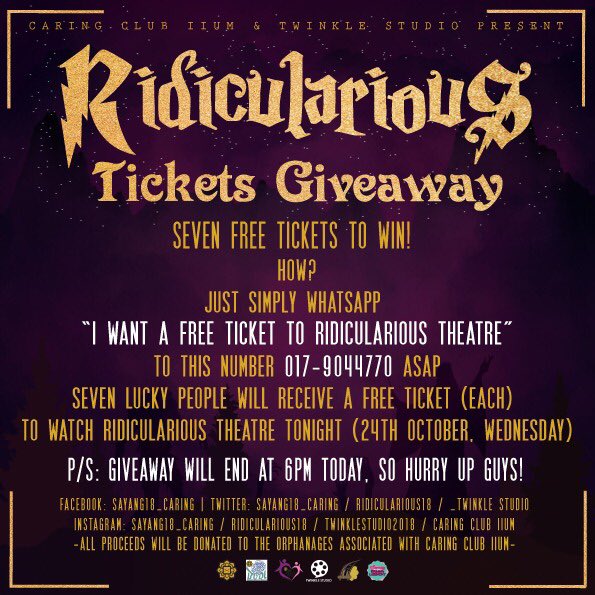 Ridicularious18's tweet photo. Wanna watch theatre so bad? Stand a chance to win tickets to #RIDICULARIOUS !! Instruction down below !! Terms &amp; apply #iiumfm #caringxtwinkle #caringclub #Twinklestudios #SAYANG18 https://t.co/8pjO1aM6xC