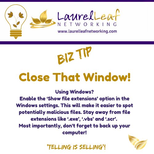 LaurelLeafChat's tweet image. 👑 BIZ TIP 👑 #windows #microsoft #fileextension #entrepreneurs #business #cybersecurity #cyberaware #tech #IT #dataprotection #hackers #spammers #windowssettings #backup #icloud #cloudbackup #techsupport #ransomware #fakeemails #phishing #businesstips #biztips #business #SMEUK