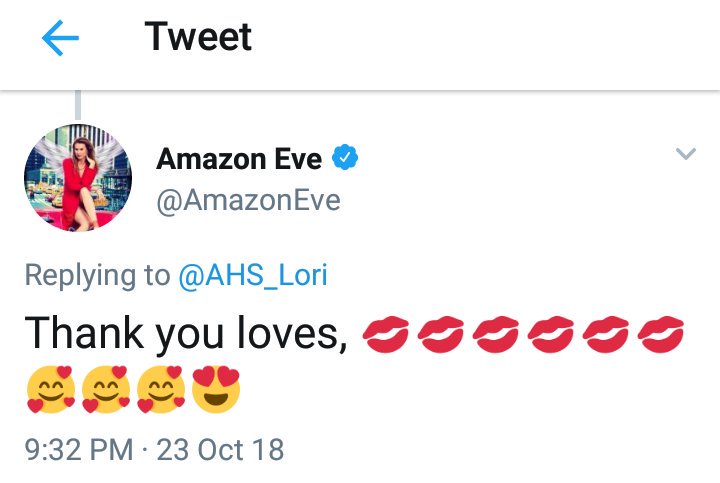 AHS_Lori's tweet photo. Props to @AmazonEve for being such a sweet, kind person. She doesn't know me, only that im a fan, and she has made me feel very welcome to twitter as a newby. Thank you for being an AWESOME example of how others should be. And thanks for your TALENT! Love you! 😘😍 https://t.co/gouLnsdZV1