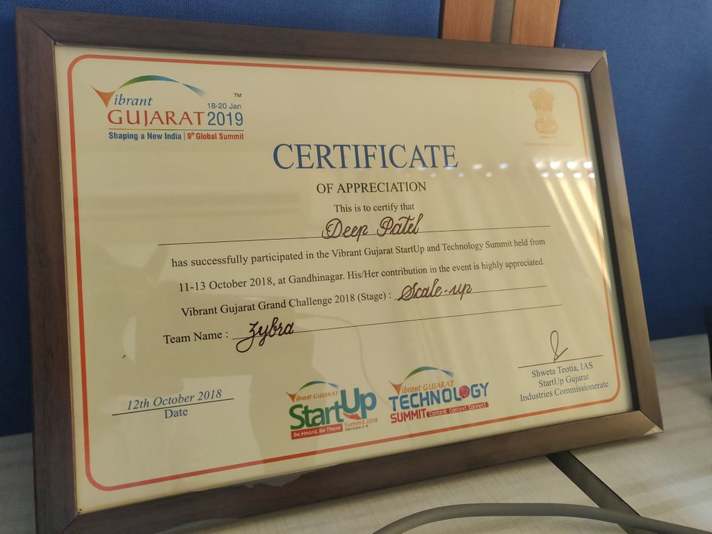deeppatelj's tweet photo. So this was the certificate awarded for being Winner at Vibrant Gujarat Startup Summit 2018.
#VGStartup #Fintech #Zybra #Scaleup https://t.co/O3LnJbi9Tm