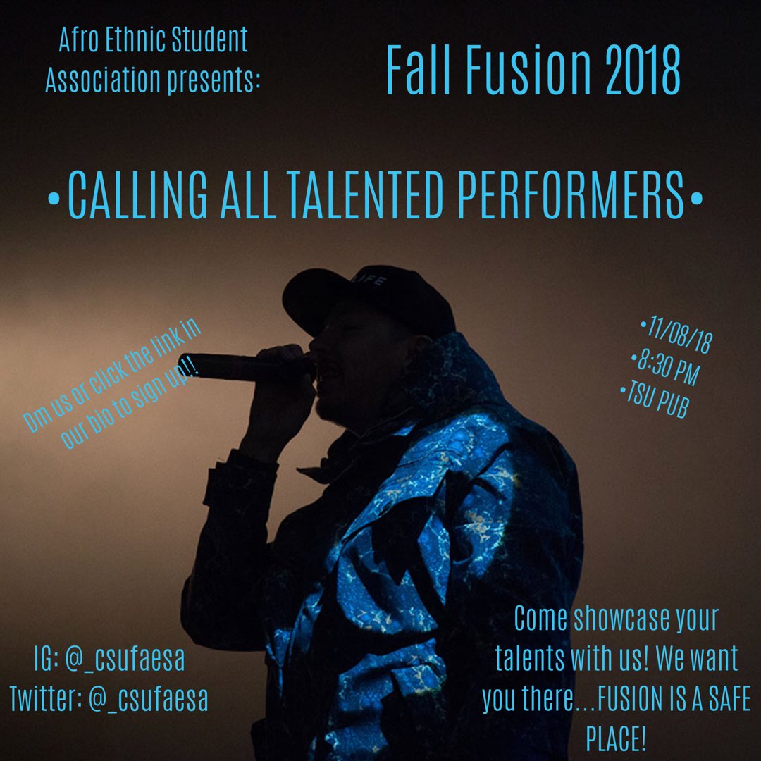 _csufaesa's tweet photo. Hey family!
Fall Fusion 2018 is just around the corner. Sign up with the link in our bio! 
Remember Fusion is a safe space so come and showcase your many talents with us!! https://t.co/gywT1Itcxg