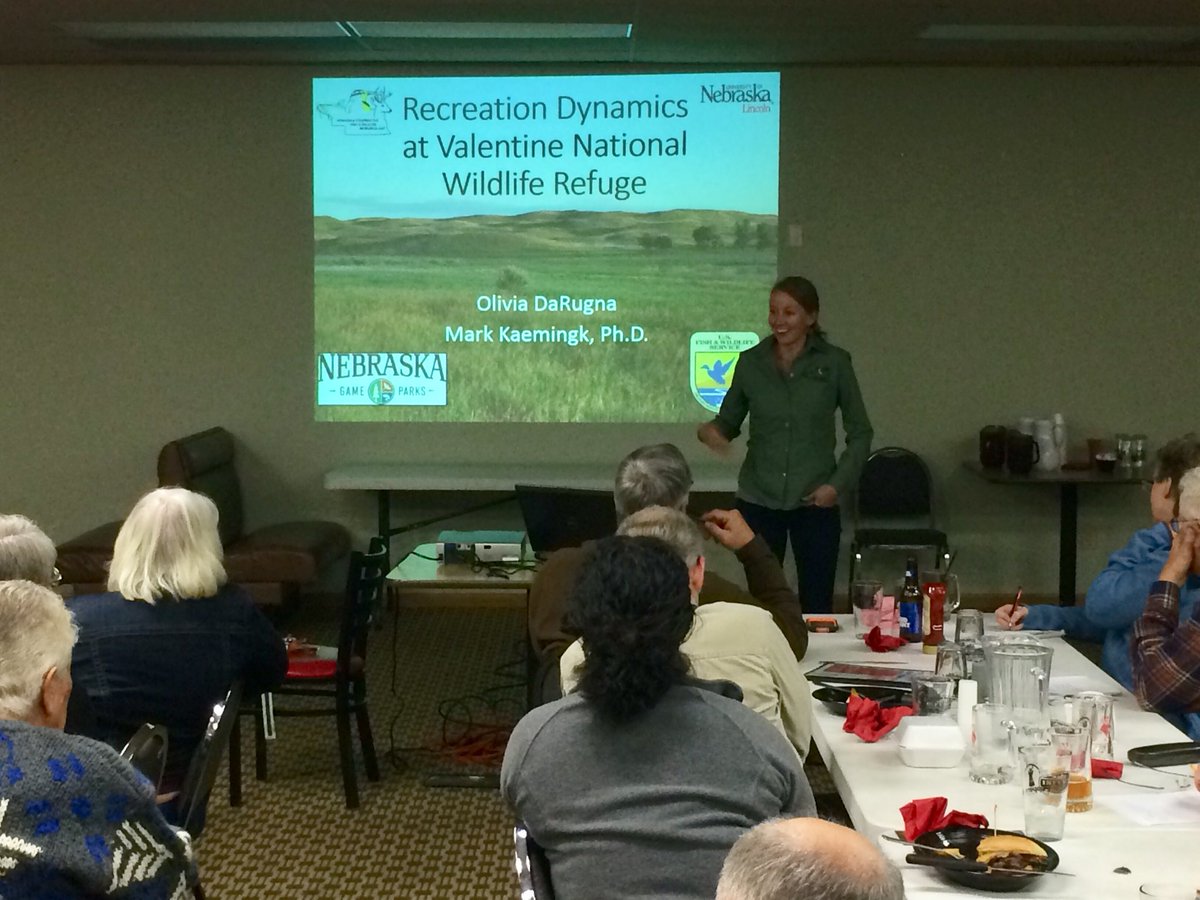 LabUNDerwater's tweet photo. Great invited presentation by my graduate student, Olivia DaRugna, at the annual Sandhills Prairie Refuge Association meeting.  It was very well received!  @NECFWRU @UNLSNR @NEGameandParks #recreation #socialecological #wildliferefuges #multiusers #spatialtemporal https://t.co/1L9KUKpNlD
