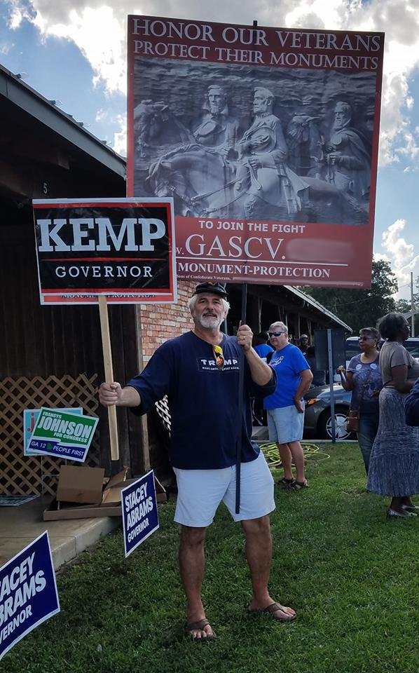 Last week we mentioned racists showing up to harass a Stacey Abrams rally on Weds in Grovetown, GA. It turns out that another racist protester showed up against an Abrams event on Mon the 15th in Dublin, GA.Here's John C Hall of Dublin, Georgia.