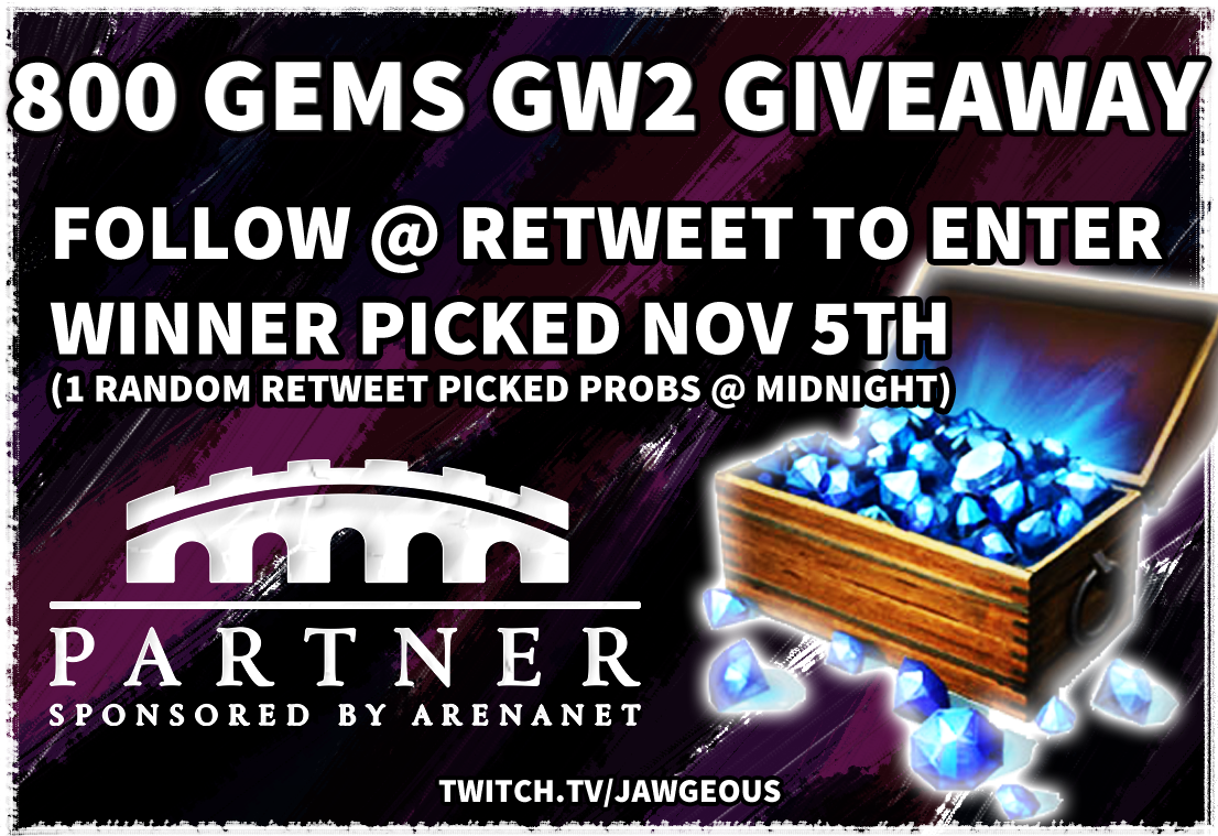 Jaw_geous's tweet photo. You know what to do. 800 Gems. One LUCKY person. Drawn on Nov 5th. #SponsoredbyArenaNet #GuildWars2 @GuildWars2 Both NA &amp; EU eligible. Tell ya friends. https://t.co/js8GaYck3G