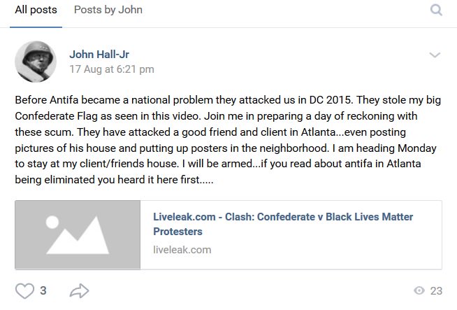 John C. Hall works as a Certified Public Accountant. One of his clients is white nationalist leader Sam Dickson in Atlanta.After we exposed Dickson's building in Peachtree Hills this August, John Hall went to stay there, enthusiastic about the possibly of shooting anti-fascists