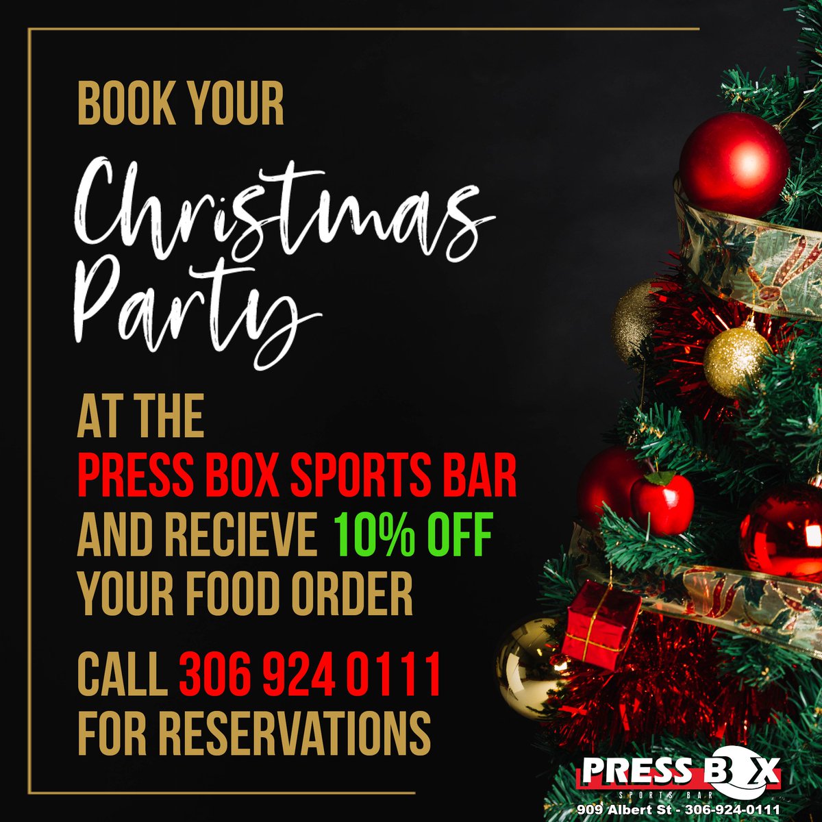 pressboxregina's tweet photo. Have your Christmas Party at the Press Box Sports Bar and get 10% off your food order. Book early! 306-924-0111 https://t.co/q0CSu5qW8D