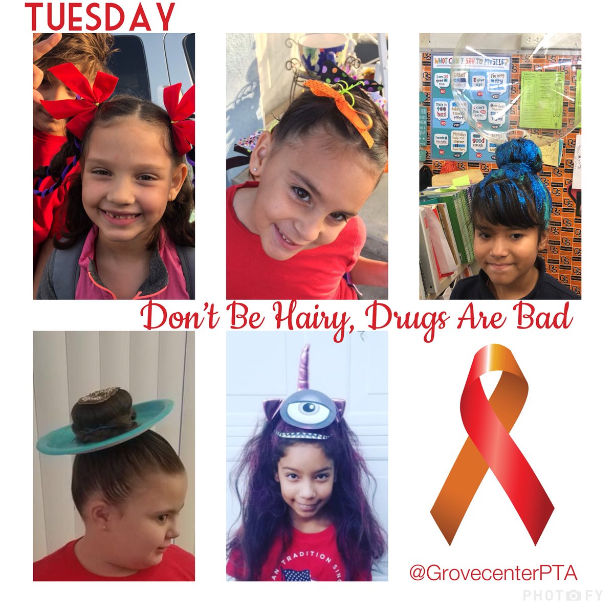 Grovecenter775's tweet photo. Don’t Be Hairy, Drugs Are Bad! Our week long celebration continues as our Eagles got creative on Crazy Hair Day! @redribbonweek @cvcouncil_pta #grovecenter #grovecenterelementary #pta4kids #firstdistrictpta #anothergreatdayincvusd https://t.co/zyz8Ms0Sy0