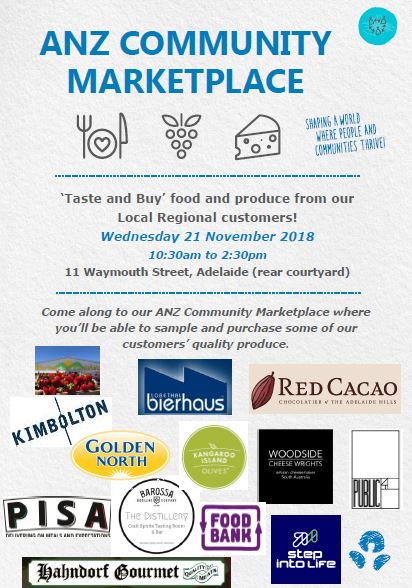 Bringing the Country to the City! We are pleased to announce our inaugural #anzcommunitymarket 11 Waymouth Street on Wednesday the 21st November from 10.30am -2.30pm. Traders from across #SA will be hosting stalls with their produce on offer. #anzcommunitymarket  #foodies