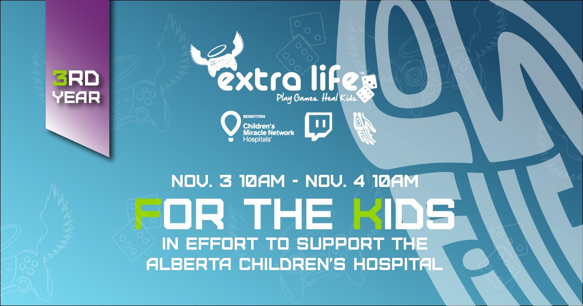 LowFiveProd's tweet photo. Lowfive is back at it again for the kids! We're raising money for the Alberta Children's Hospital in the extra life marathon on Nov. 3, 10 AM to Nov. 4, 10 AM. Join us for good gaming, wacky antics, and of course FOR THE KIDS! https://t.co/dWKDB8E0XC #EXTRALIFE https://t.co/8NTcme0SMu