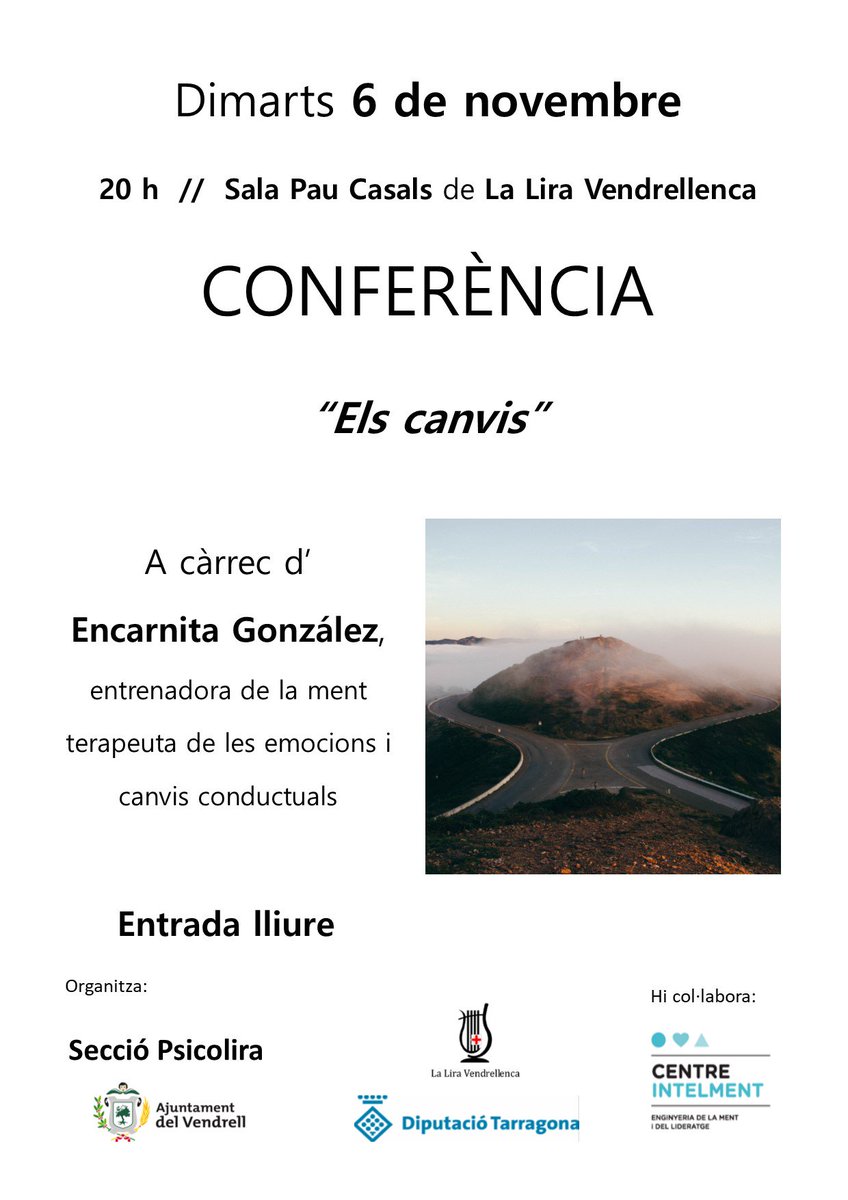 El dimarts 6 de novembre a les 20h, a la Sala Pau Casals de La Lira Vendrellenca, l’Encarnita González oferirà una conferència on ens explicarà per què la nostra ment associa els canvis a un concepte negatiu.