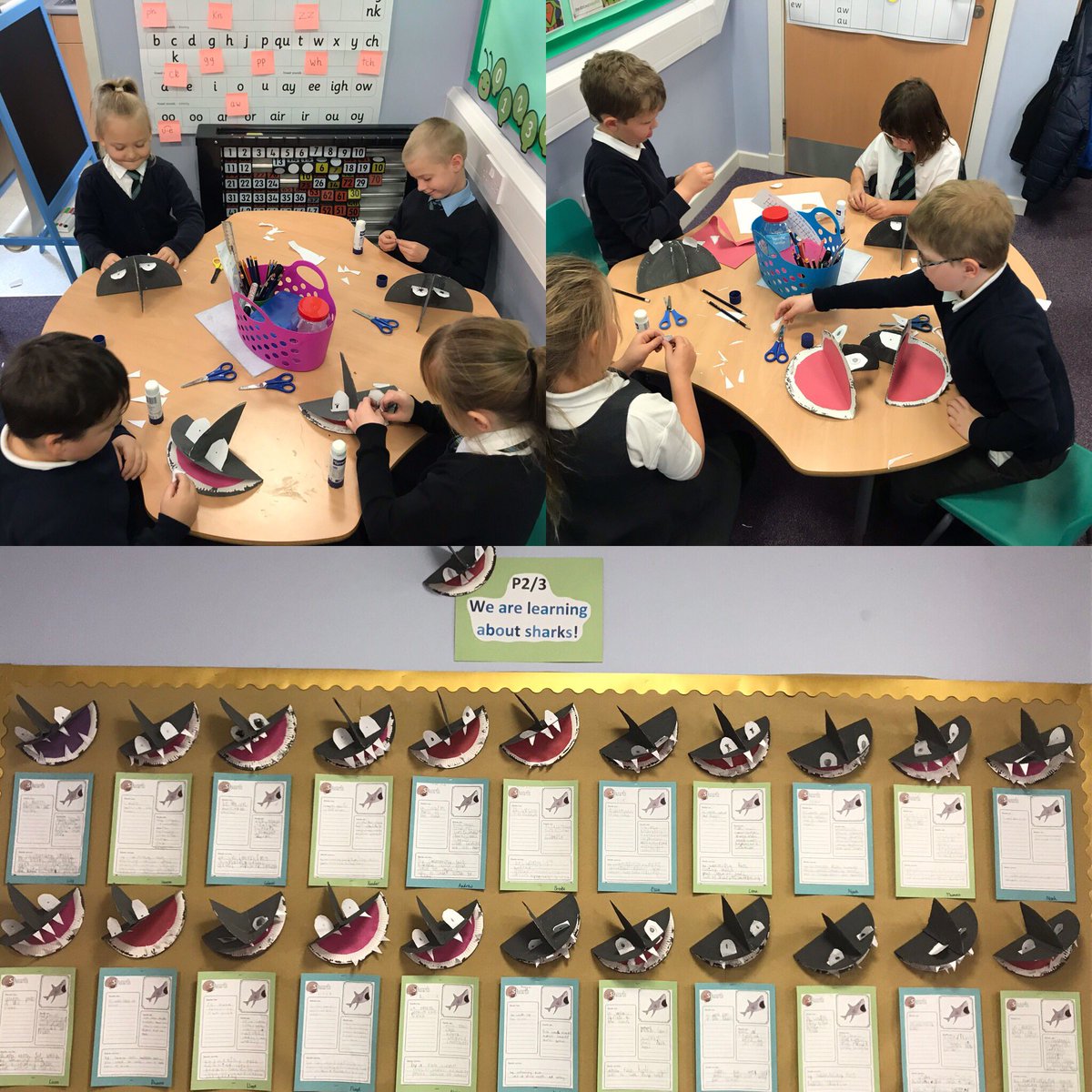 stclementsp2's tweet photo. P2/3 continuing our Under the Sea topic. Learning about sharks and creating shark fact files! #Dundeelearning #Topic #Sharkcraft https://t.co/kzN8yON80x
