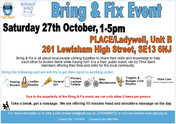 RGTB's tweet photo. What will you bring to our #BringandFix this Sat? #bicycles? #clothes? #phones? @leather? #radios? #shoes? https://t.co/nwFICD8uOn