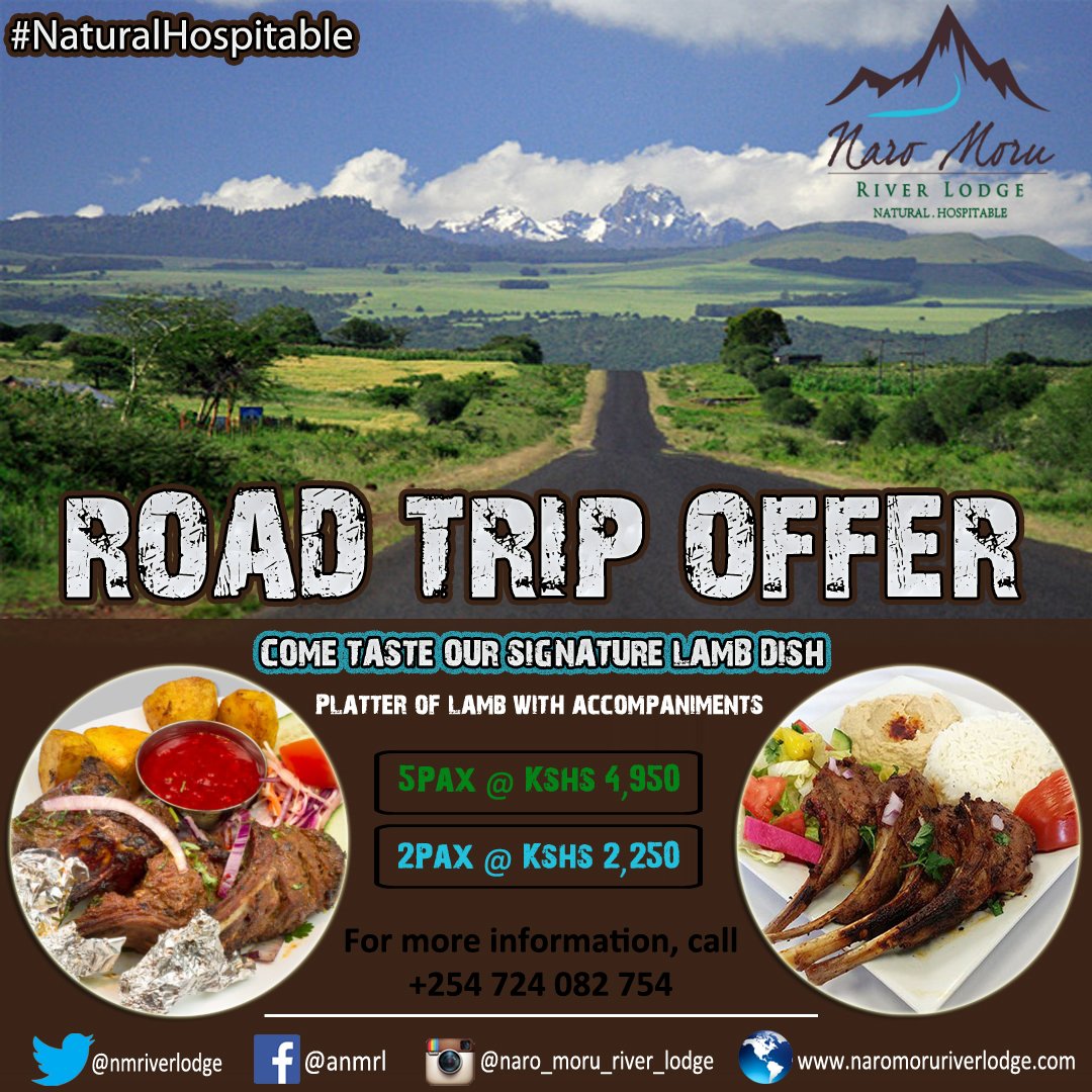 nmriverlodge's tweet image. Road Trip Offer 
#Nyeri #NaroMoru #Nyahururu #Laikipia #Nanyuki #Isiolo #Samburu 
Come Taste our sumptuous signature Lamb Dish @nmriverlodge #NaturalHospitable  
#Kenya ❤️ #AfricaEmoji 
📞 +254724082754 
📨 reservations@naromoruriverlodge.com