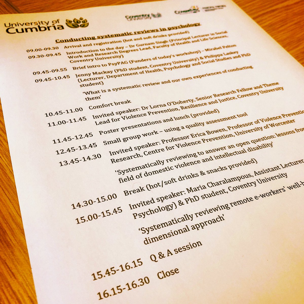 Rachael_Molitor's tweet photo. Interesting itinerary for the day at the “Conducting Systematic Reviews for Psychology” #csrp2018 at @covcampus @CU_HLS @CU_Academics @CU_ReCap @JennyMackay thanks to funding the workshop @PsyPAG #systematicreview #trainingday #phdstudent #phdlife https://t.co/NKFchCmFrf