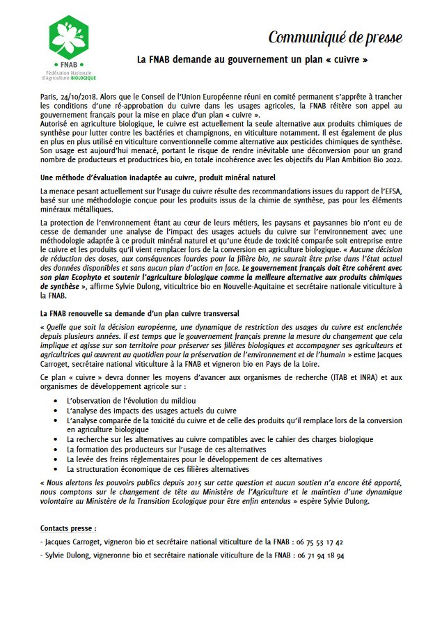 La FNAB réitère sa demande au gouvernement @dguillaume26 @FdeRugy d'un plan #cuivre à la veille de la décision UE sur les conditions de sa ré-approbation. Mieux évaluer les impacts du cuivre. Travailler sur les alternatives. #ecophyto #ambitionbio CP > fnab.org/espace-presse/…