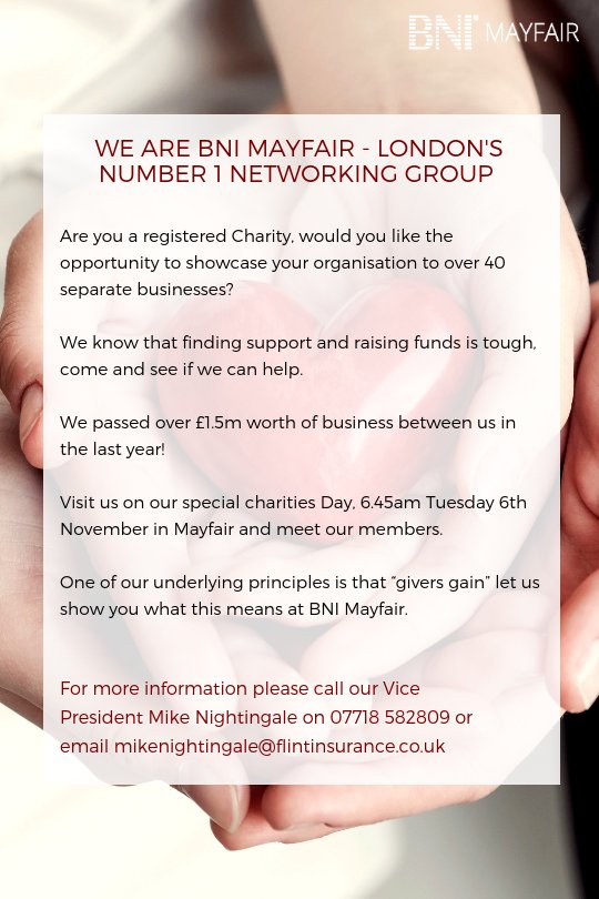 BNI Mayfair, London's Number 1 Chapter are holding a Special Charities Day Tuesday 6th November. If you are a registered charity come along, and showcase your organisation. Please do share with fellow businesses &amp; business owners - we'd love to welcome you! #bnimayfair #charity