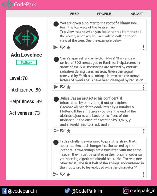 CodePark_in's tweet image. Only 2 more days left before you get to boast about your skills and intellect on our unique profile scoring system. Sounds exciting, doesn't it? Sign up now on codepark.in to know more
#CodePark #newness #coding #platform #biglaunch #programmer #community #discuss