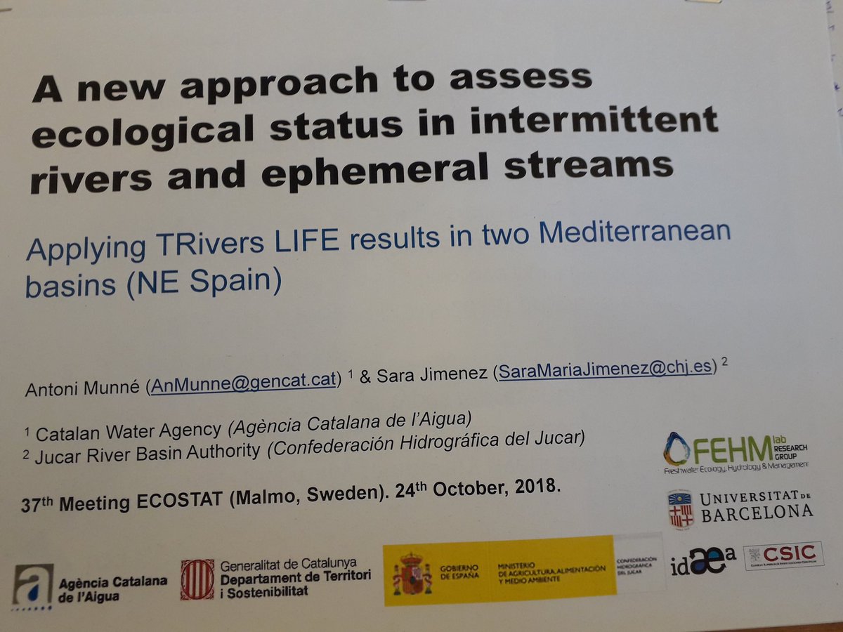 Proud to explain the great job carried out in <a href="/LifeTRivers/">LIFE TRivers</a>, led by @FEHMlab, regarding ecological status assessment in temporary rivers, in the 37th #ECOSTAT meeting hold in Malmo (Sweden). We'll lead a WG on temporary rivers for next CIS 2019-2021. Good chance to <a href="/smirescost/">SMIRES COST Action</a>