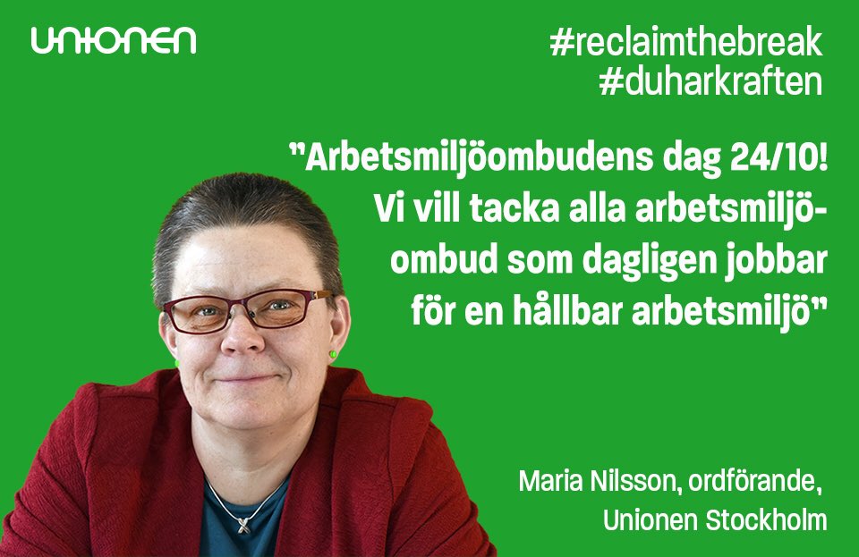 Idag hyllar <a href="/Unionen/">Unionen</a> alla arbetsmiljöombud extra mycket. Ni är superhjältar. Unionen Stockholms ordförande skickar ett särskilt tack #duharkraften #reclaimthebreak