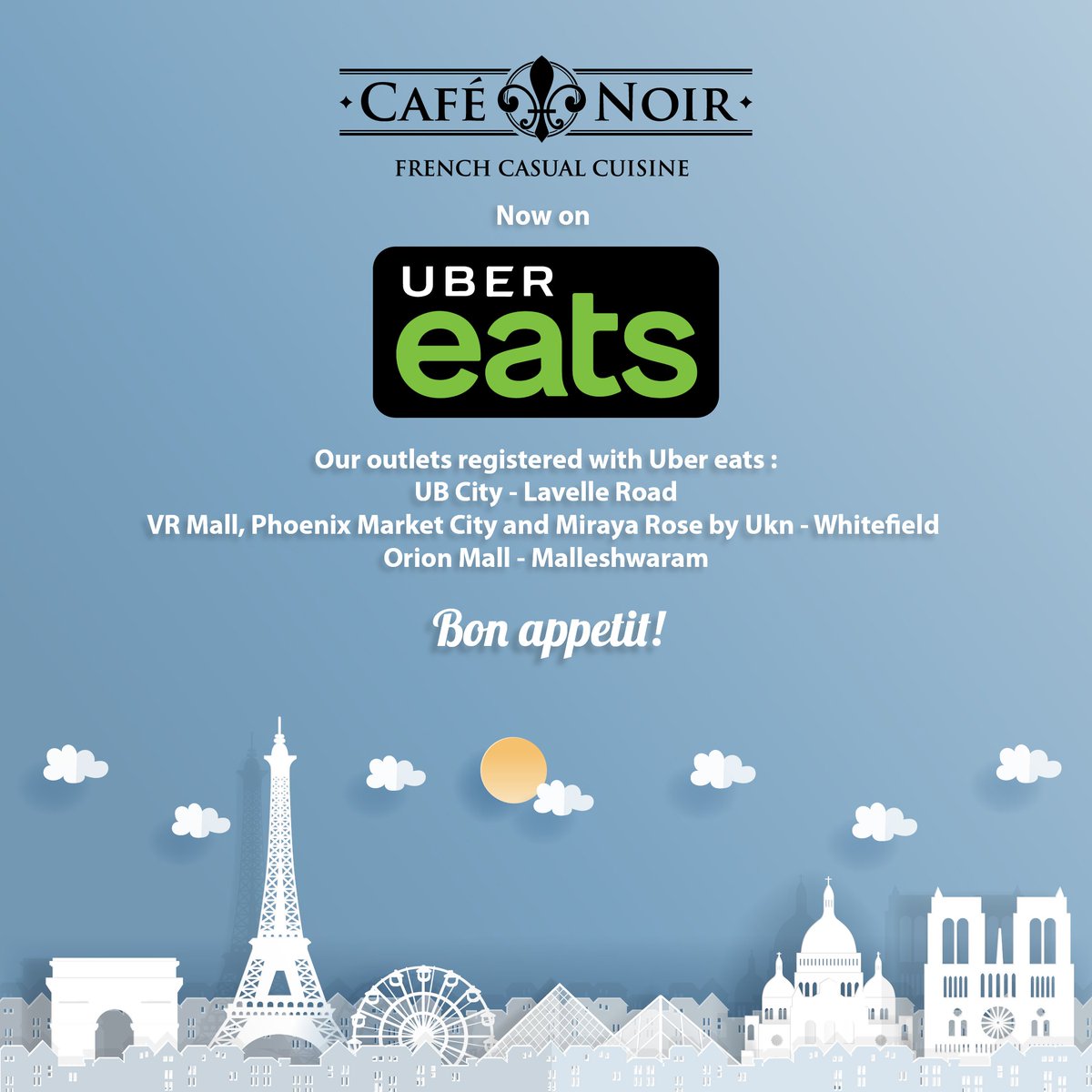 CafeNoir_India's tweet photo. Cafe Noir is now on Uber Eats!  Now beat the mad traffic and order your favorite French food at ease. Go on place your orders now! https://t.co/qMgiZmv1jR
