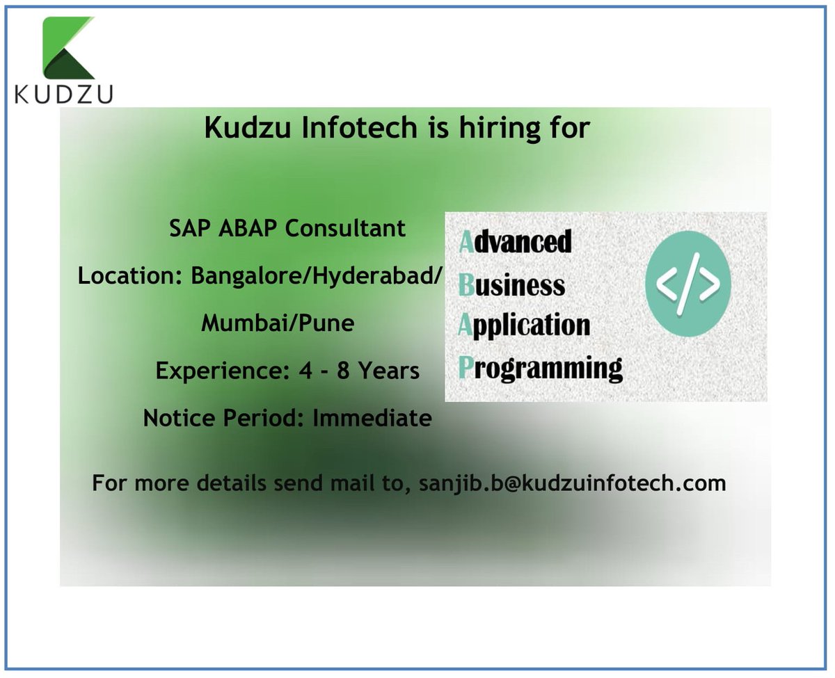 sanjib_bardhan's tweet image. Hi All,
We are in process of hiring #sapabapconsultant, #sapabapaleidoc and #sapabapworkflow consultants for a Global IT Corporate. Interested candidates please call me @ 9874773472 or write a mail to, sanjib.b@kudzuinfotech.com