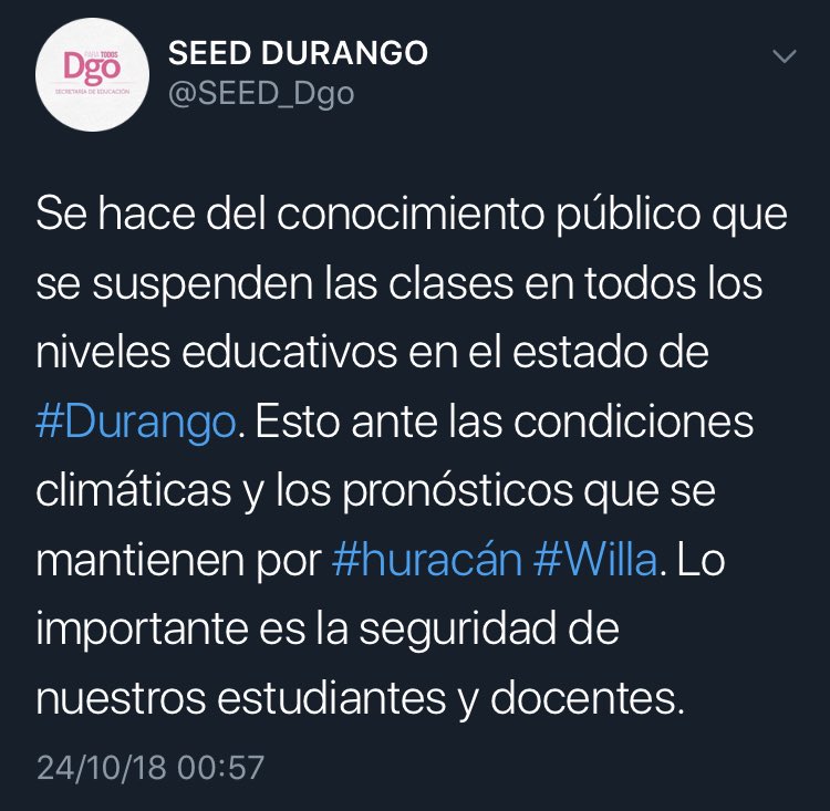 SigloDurango's tweet photo. ⚠️ #ÚltimaHora El Gobernador @AispuroDurango confirma la suspensión de clases en TODOS los niveles educativos del estado por el paso del huracán #Willa sobre Durango https://t.co/FElJuRhGnH